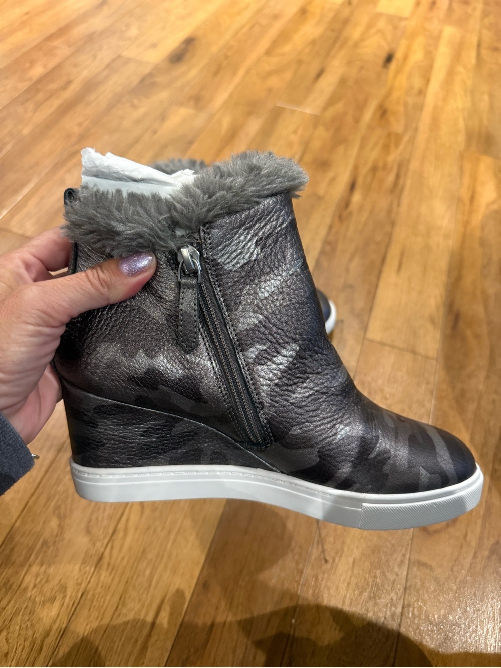 Paolo Gray Faux Fur-Trim Wedge Sneaker Boot